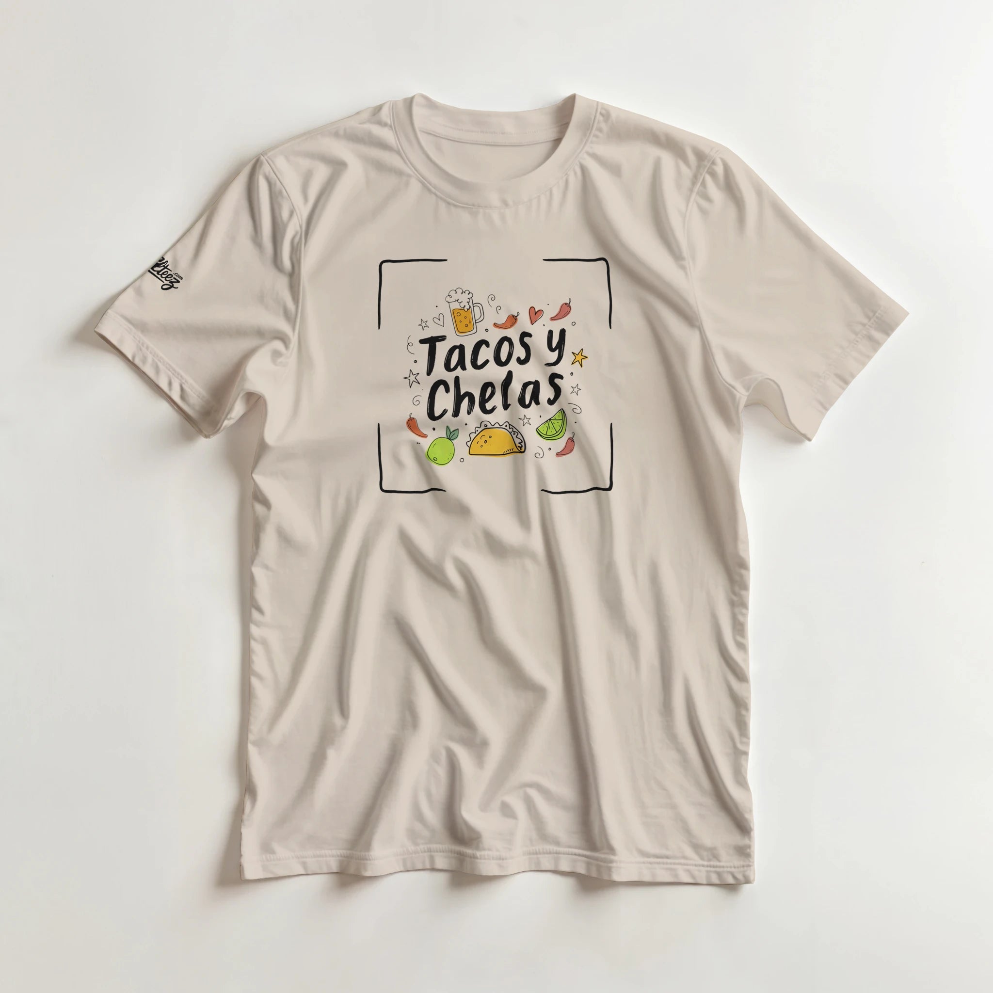 Tacos y Chelas doodle art Latina graphic tee Style 4 - Gildan 5000 heavyweight t-shirt mockup