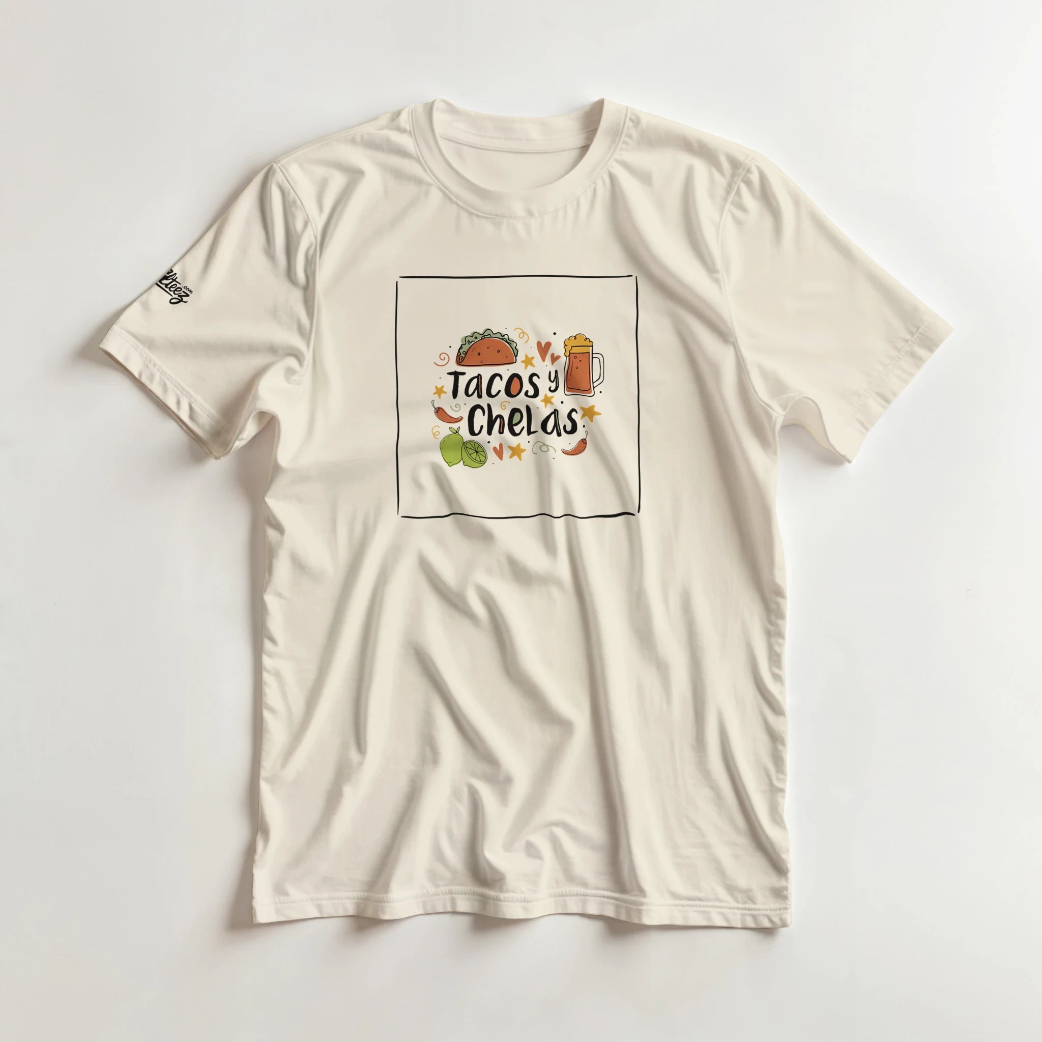Tacos y Chelas doodle art Latina graphic tee Style 1 - Gildan 5000 heavyweight t-shirt mockup