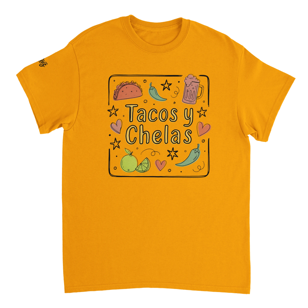 Tacos y Chelas doodle art Latina graphic tee Style 3 - Gildan 5000 heavyweight t-shirt mockup