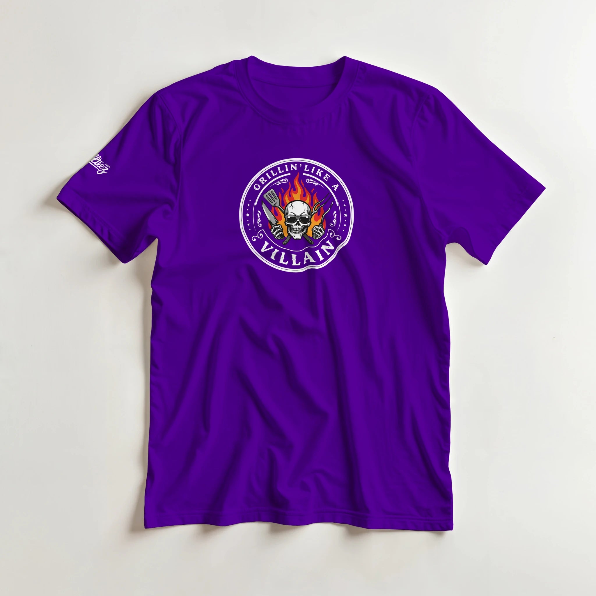 Grillin Like A Villain BBQ tee - flaming skull and crossed grill tools on dark shirt