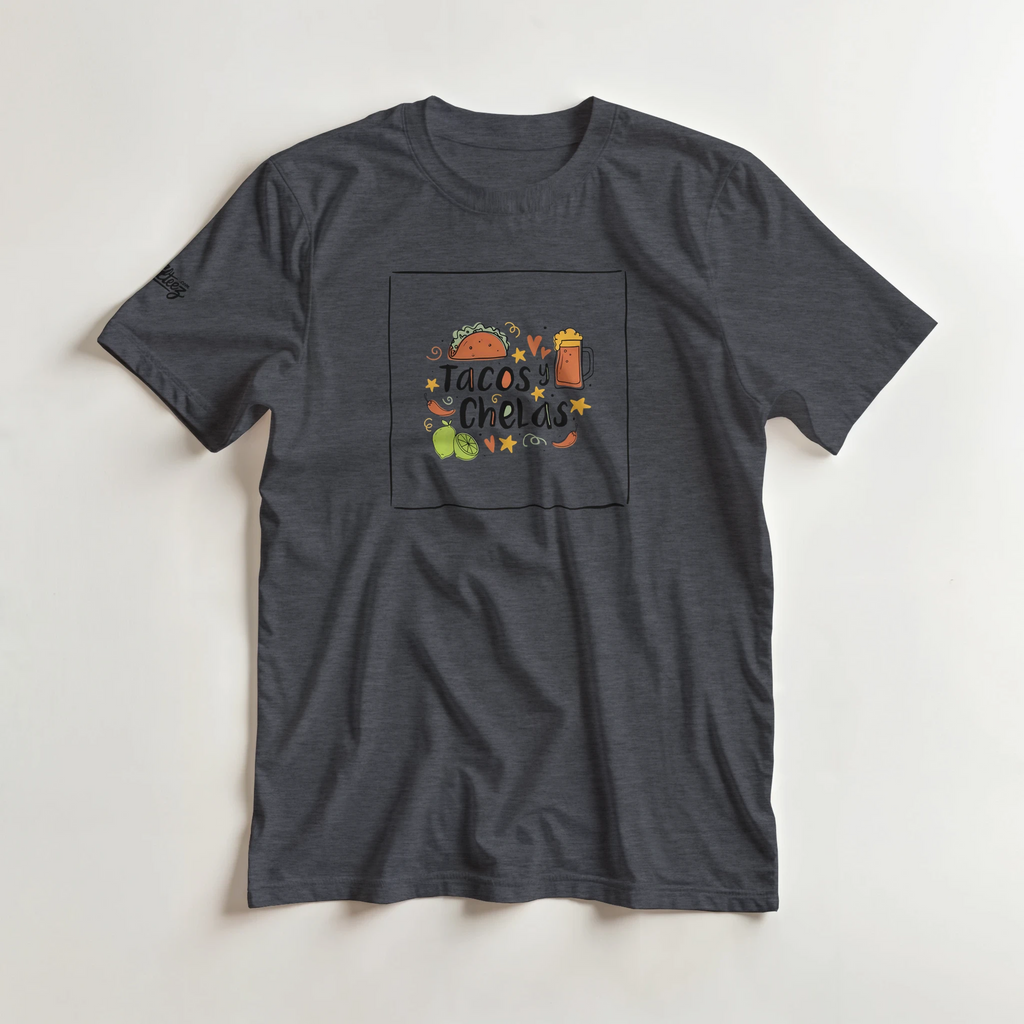Tacos y Chelas doodle art Latina graphic tee Style 1 - Gildan 5000 heavyweight t-shirt mockup