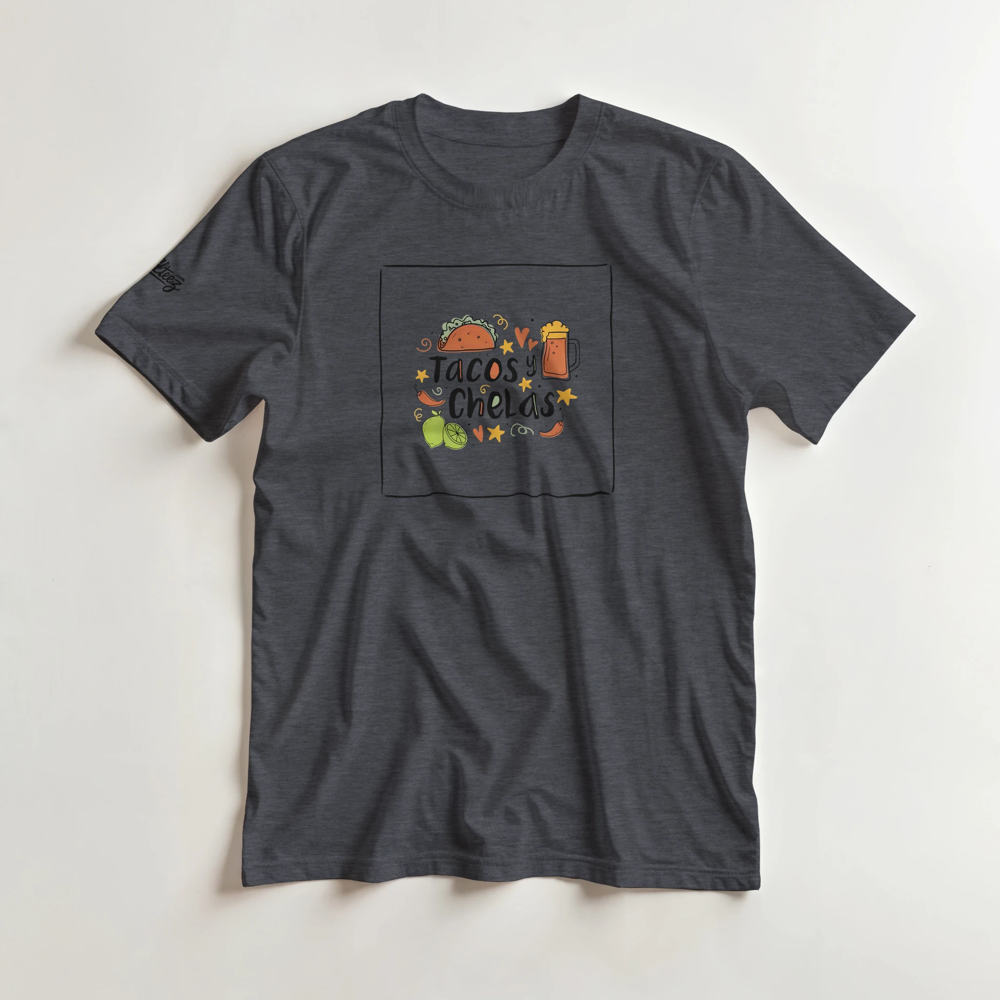 Tacos y Chelas doodle art Latina graphic tee Style 1 - Gildan 5000 heavyweight t-shirt mockup