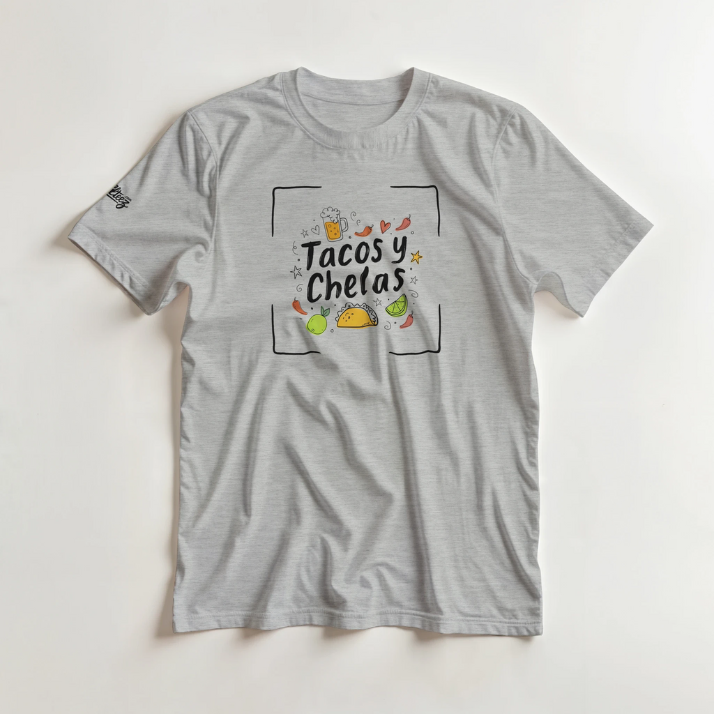 Tacos y Chelas doodle art Latina graphic tee Style 4 - Gildan 5000 heavyweight t-shirt mockup