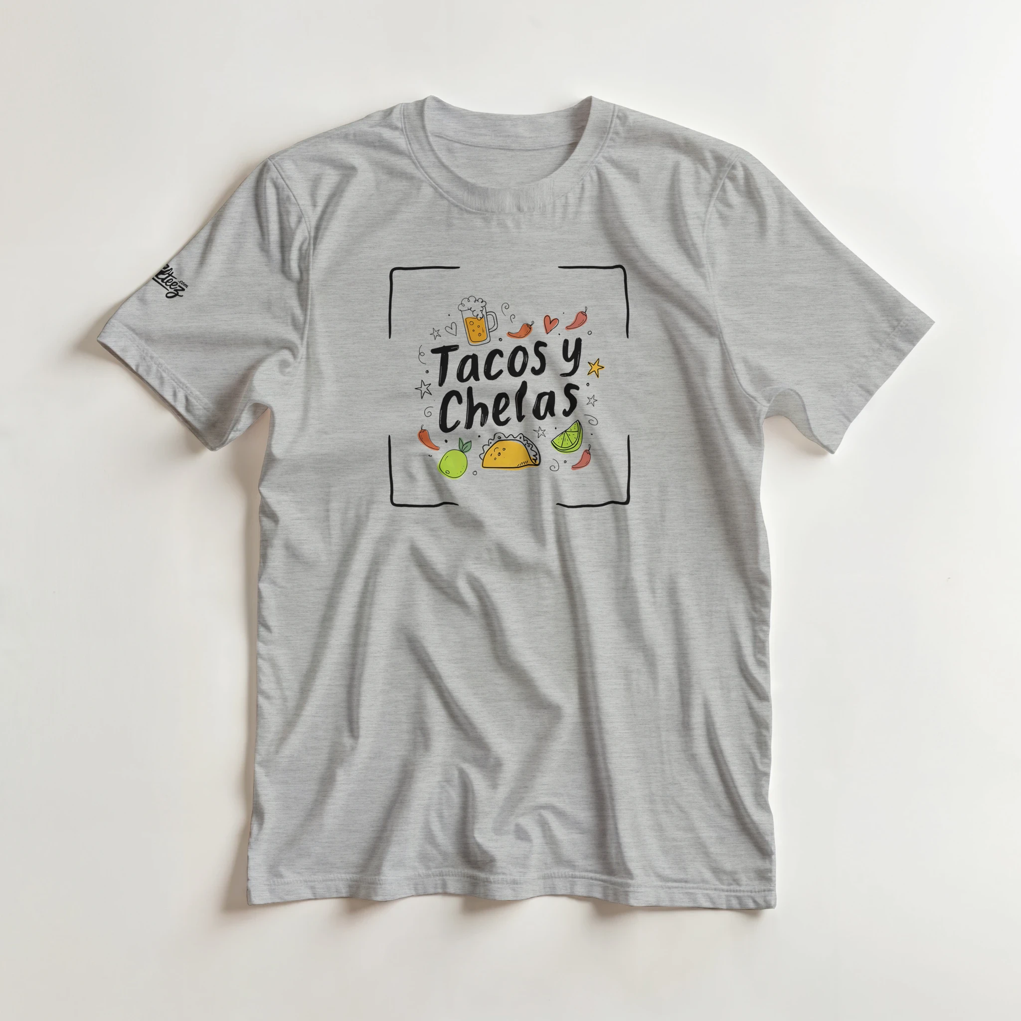 Tacos y Chelas doodle art Latina graphic tee Style 4 - Gildan 5000 heavyweight t-shirt mockup
