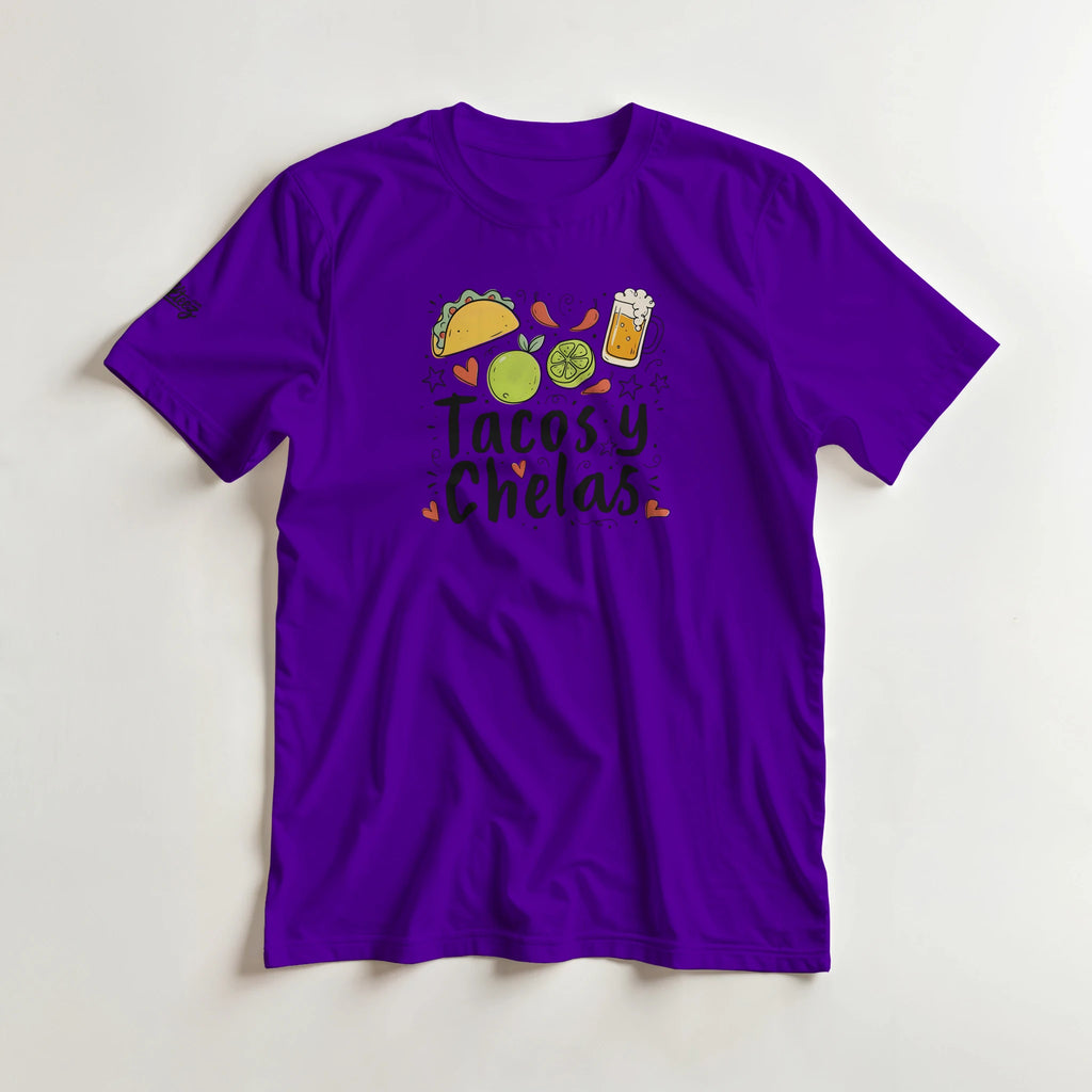 Tacos y Chelas doodle art Latina graphic tee Style 2 - Gildan 5000 heavyweight t-shirt mockup