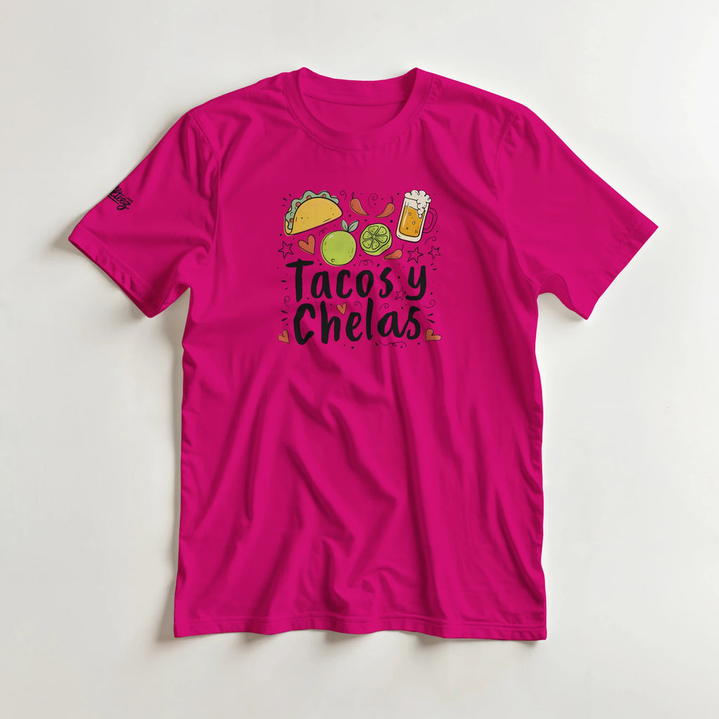 Tacos y Chelas doodle art Latina graphic tee Style 2 - Gildan 5000 heavyweight t-shirt mockup