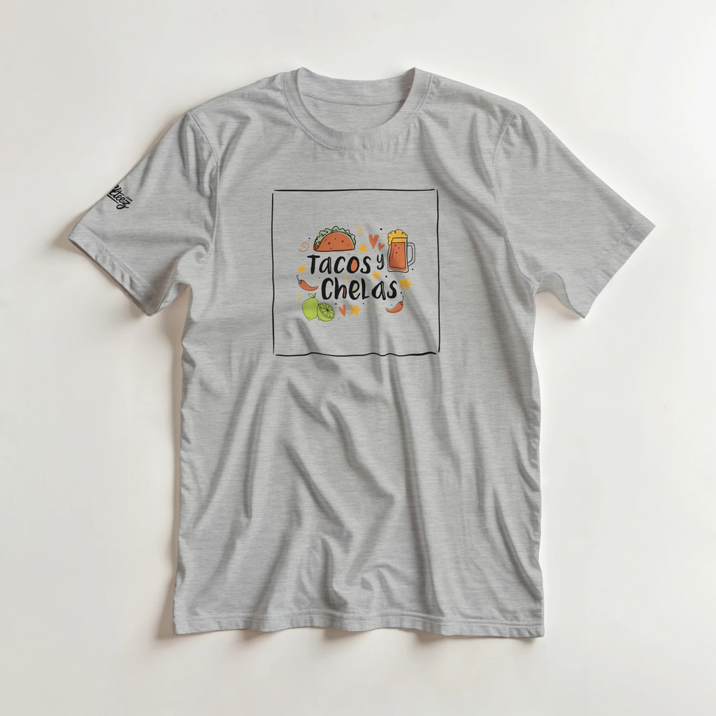 Tacos y Chelas doodle art Latina graphic tee Style 1 - Gildan 5000 heavyweight t-shirt mockup