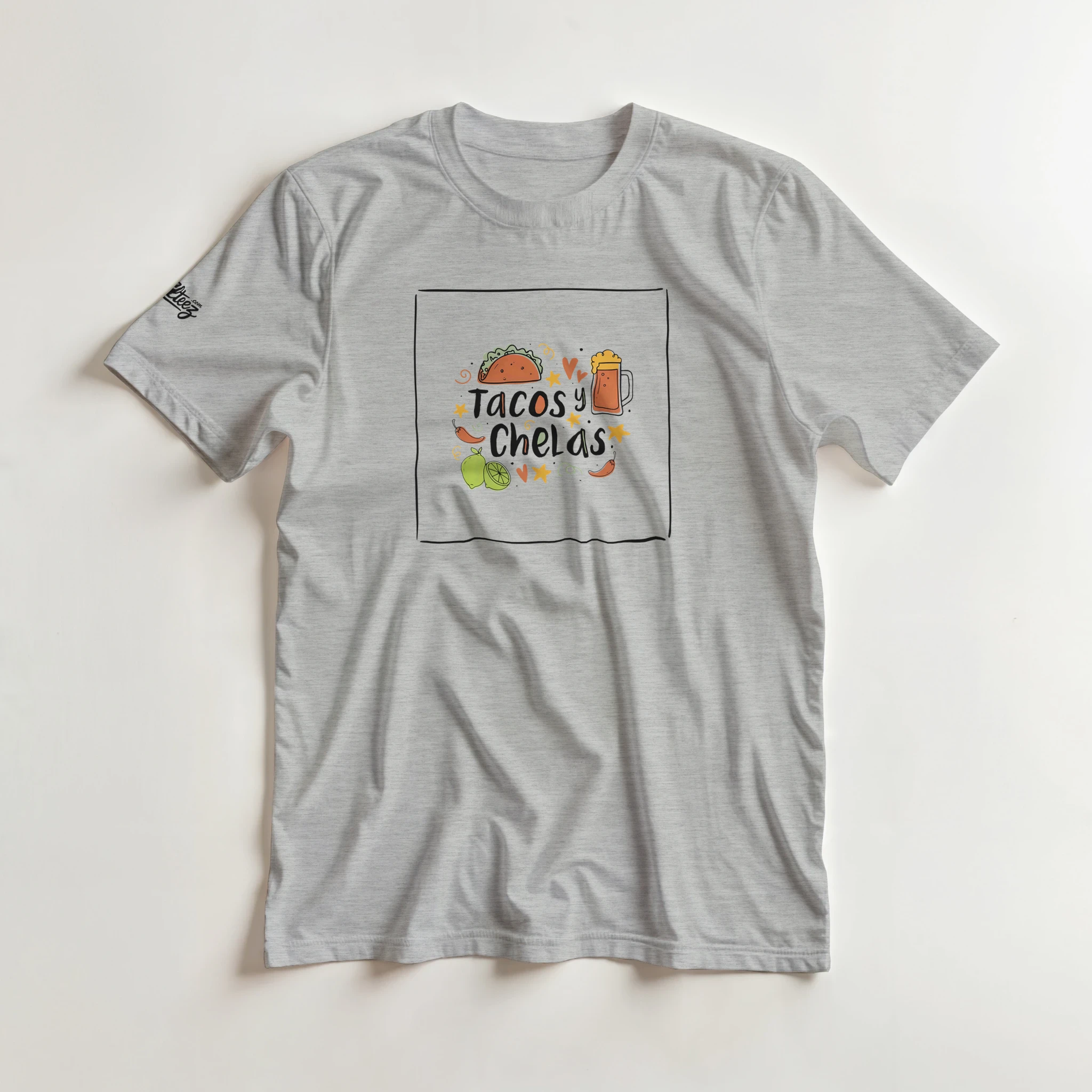 Tacos y Chelas doodle art Latina graphic tee Style 1 - Gildan 5000 heavyweight t-shirt mockup