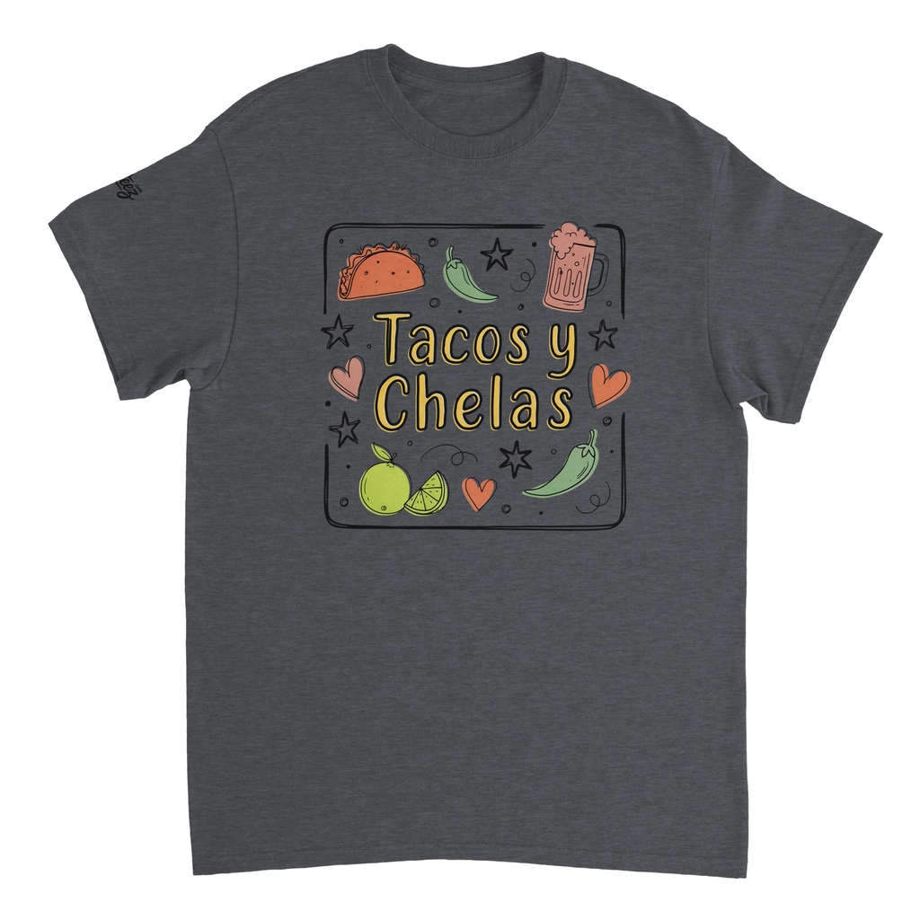 Tacos y Chelas doodle art Latina graphic tee Style 3 - Gildan 5000 heavyweight t-shirt mockup