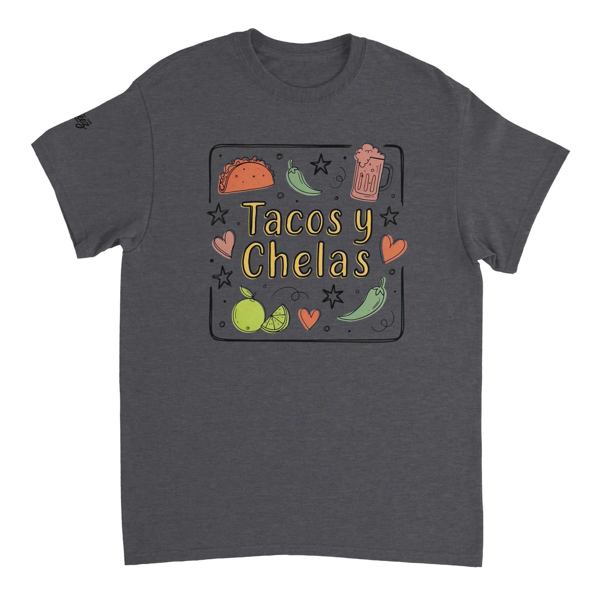 Tacos y Chelas doodle art Latina graphic tee Style 3 - Gildan 5000 heavyweight t-shirt mockup