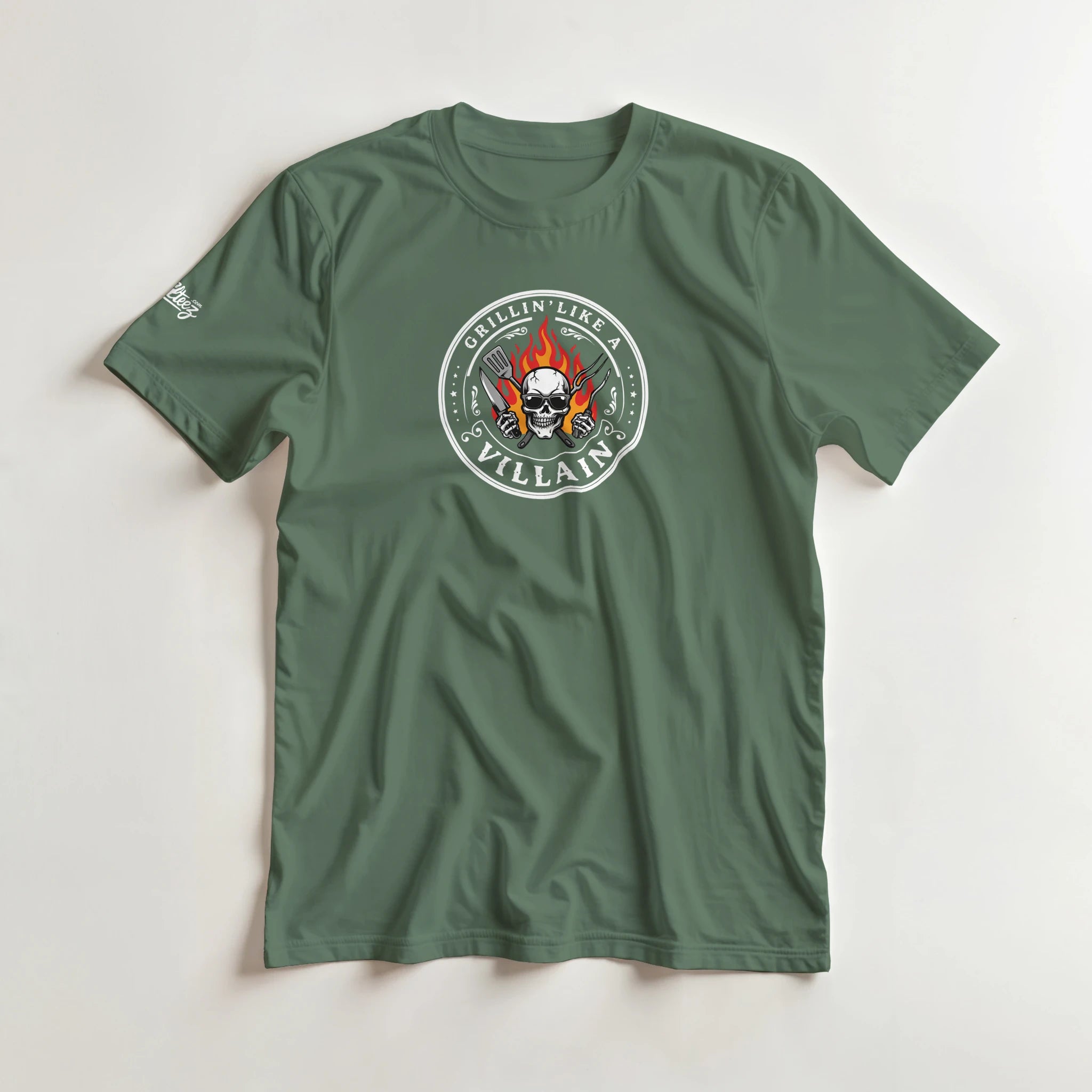 Grillin Like A Villain BBQ tee - flaming skull and crossed grill tools on dark shirt