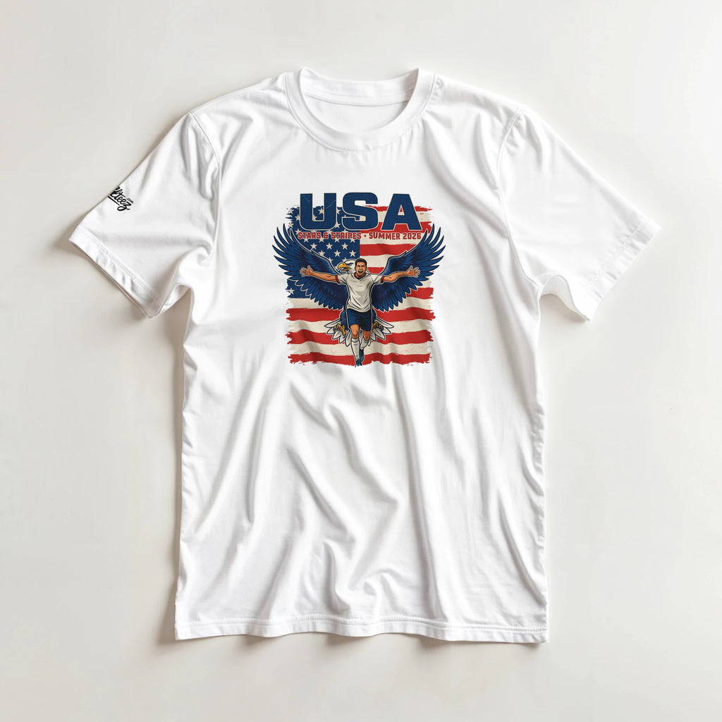 USA soccer Stars & Stripes vintage graphic tee - patriotic red white blue Summer 2026 design