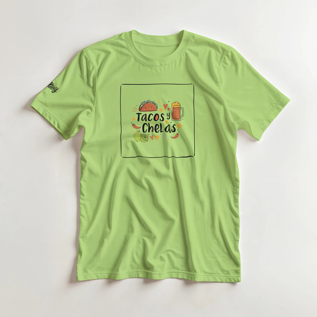 Tacos y Chelas doodle art Latina graphic tee Style 1 - Gildan 5000 heavyweight t-shirt mockup