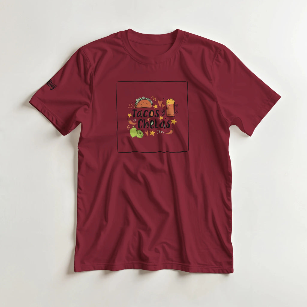 Tacos y Chelas doodle art Latina graphic tee Style 1 - Gildan 5000 heavyweight t-shirt mockup