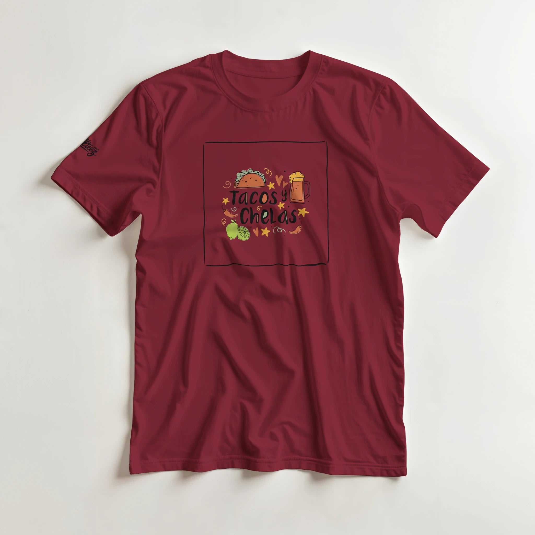 Tacos y Chelas doodle art Latina graphic tee Style 1 - Gildan 5000 heavyweight t-shirt mockup