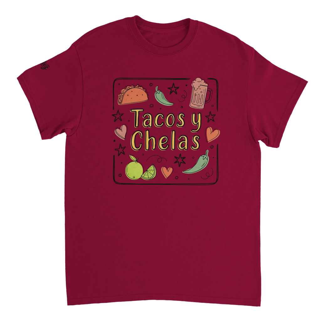 Tacos y Chelas doodle art Latina graphic tee Style 3 - Gildan 5000 heavyweight t-shirt mockup