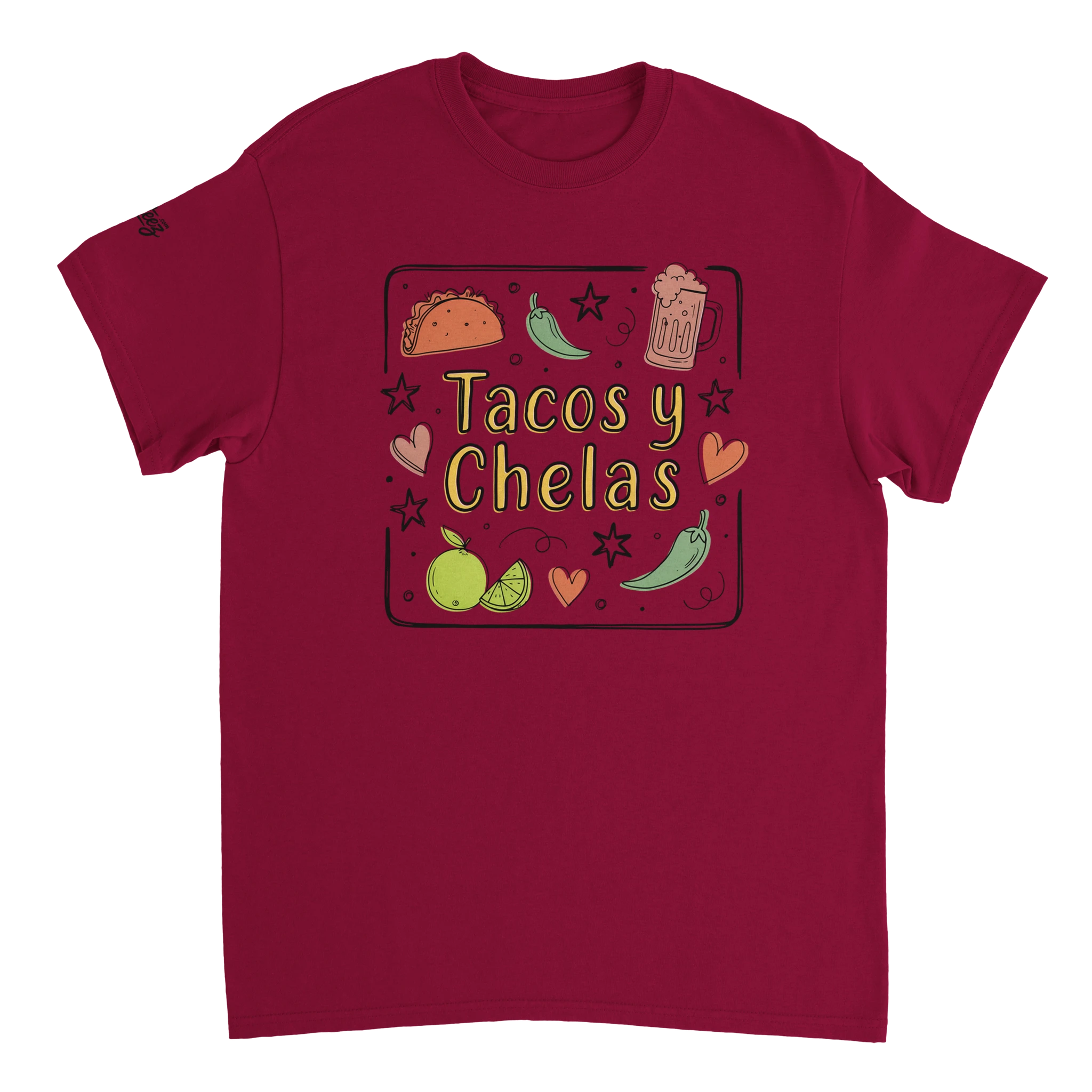 Tacos y Chelas doodle art Latina graphic tee Style 3 - Gildan 5000 heavyweight t-shirt mockup
