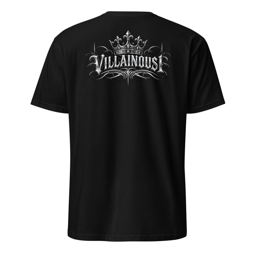 Villainous¹ Cruise Nights T-shirt back featuring a large chrome Villainous¹ wordmark with crown and ornamental pinstriping