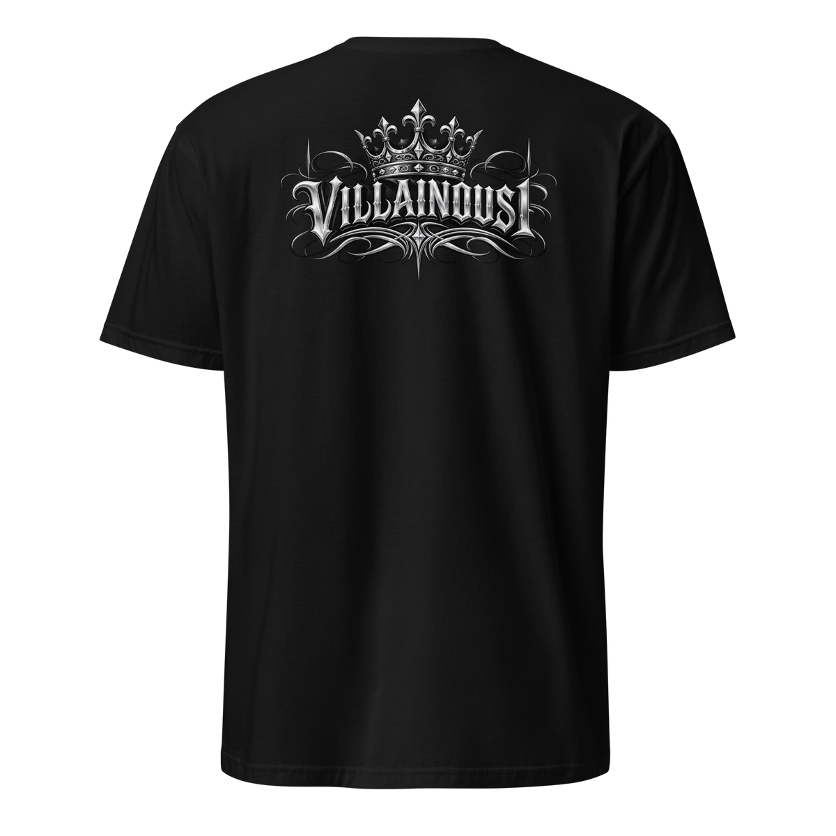 Villainous¹ Cruise Nights T-shirt back featuring a large chrome Villainous¹ wordmark with crown and ornamental pinstriping