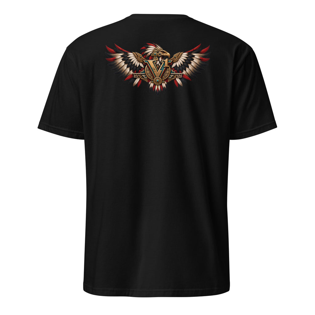 Villainous¹ Eagle Warrior T-shirt back featuring a gold V¹ eagle crest with outstretched feathers and turquoise and red details