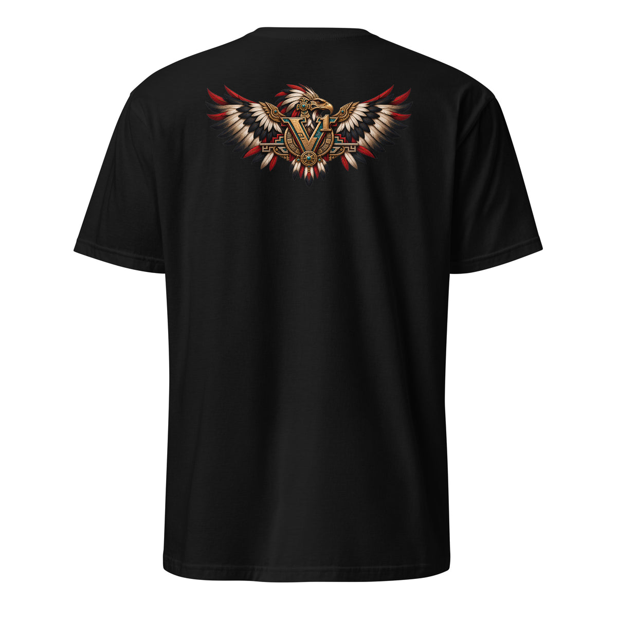 Villainous¹ Eagle Warrior T-shirt back featuring a gold V¹ eagle crest with outstretched feathers and turquoise and red details