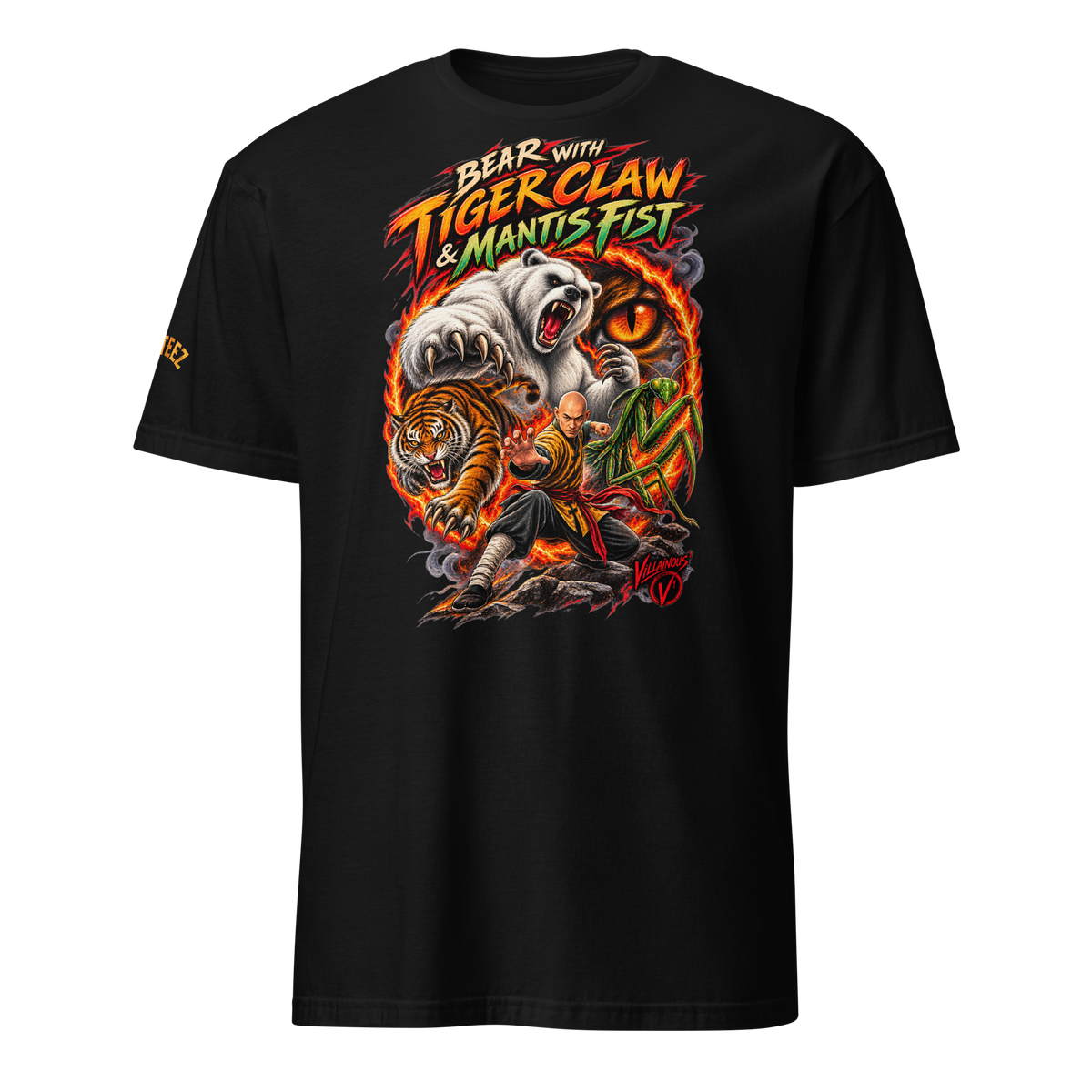 Villainous¹ Bear with Tiger Claw & Mantis Fist graphic T-shirt featuring a martial artist with bear, tiger and praying mantis imagery