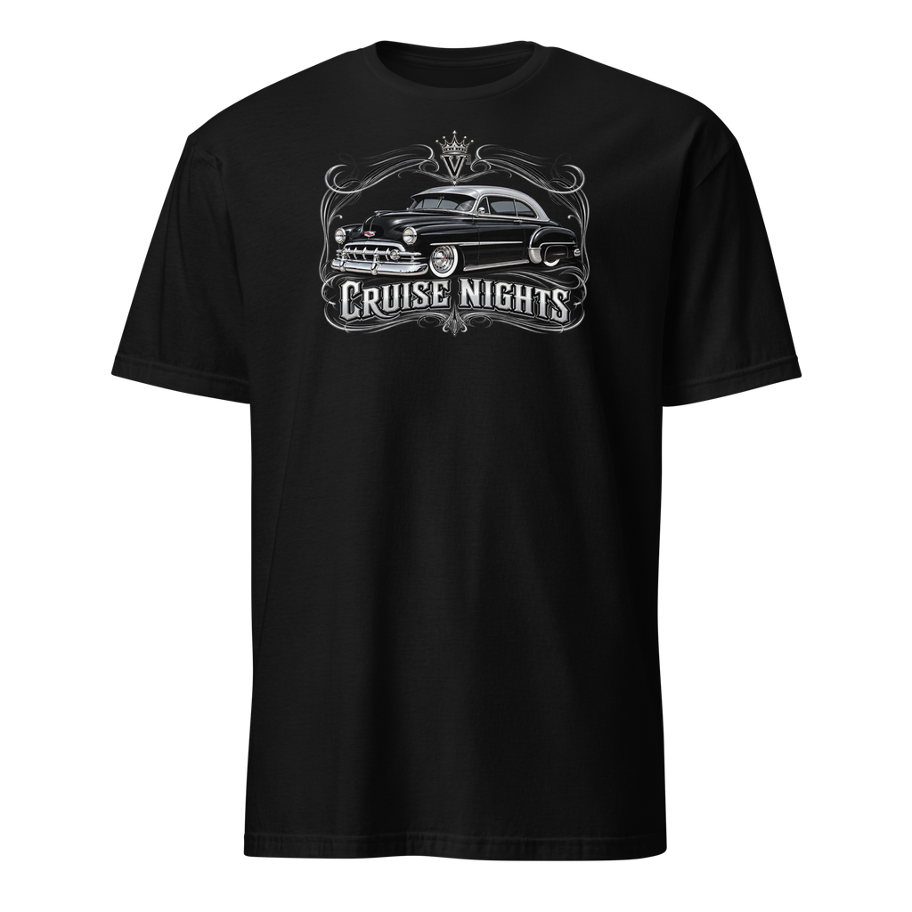 Villainous¹ Cruise Nights 1953 Chevy Fleetline T-shirt featuring a lowered black classic Chevy with chrome details, whitewall tires and silver pinstriping