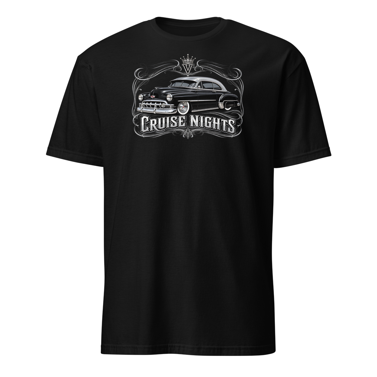Villainous¹ Cruise Nights 1953 Chevy Fleetline T-shirt featuring a lowered black classic Chevy with chrome details, whitewall tires and silver pinstriping