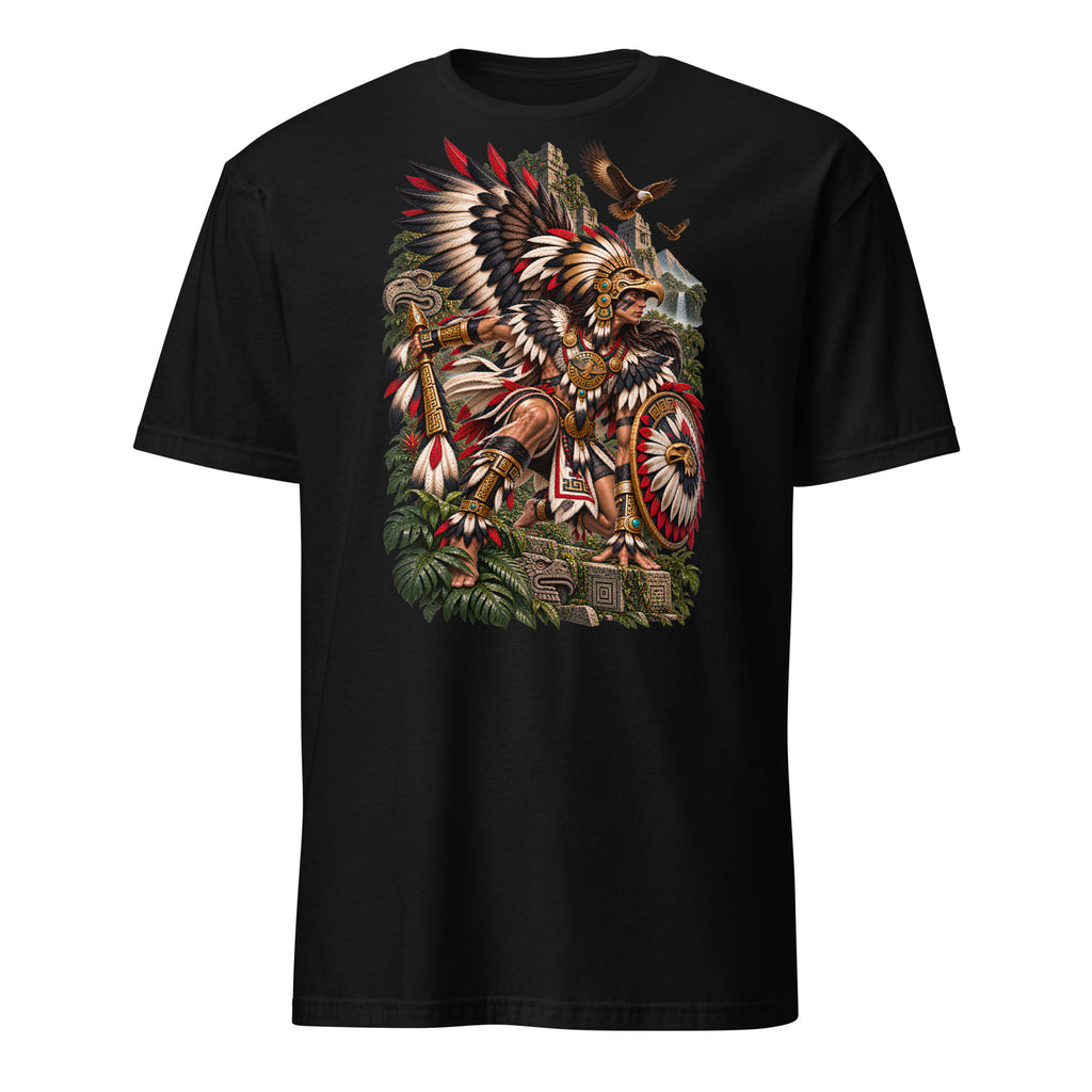 Villainous¹ Eagle Warrior Heritage T-shirt featuring a Mesoamerican-inspired warrior with an eagle headdress, feathered shield, ancient temple ruins and soaring eagles