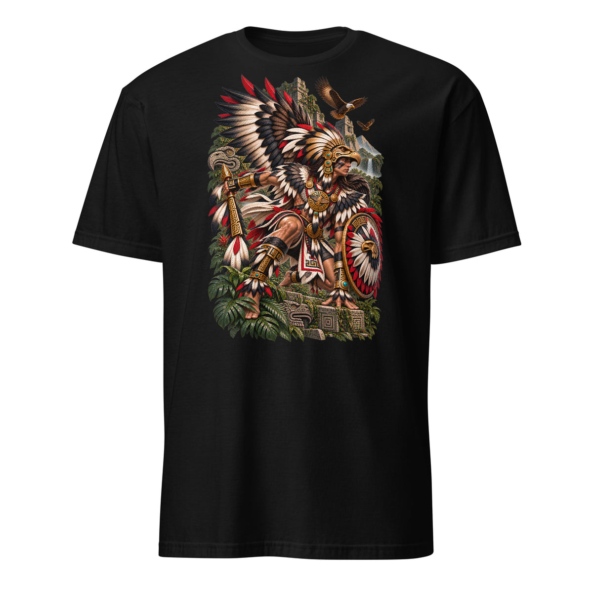 Villainous¹ Eagle Warrior Heritage T-shirt featuring a Mesoamerican-inspired warrior with an eagle headdress, feathered shield, ancient temple ruins and soaring eagles