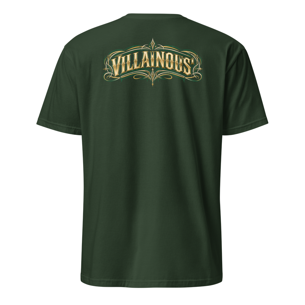Villainous¹ Cruise Nights T-shirt back featuring bold gold Villainous¹ lettering surrounded by green, gold and cream custom pinstriping