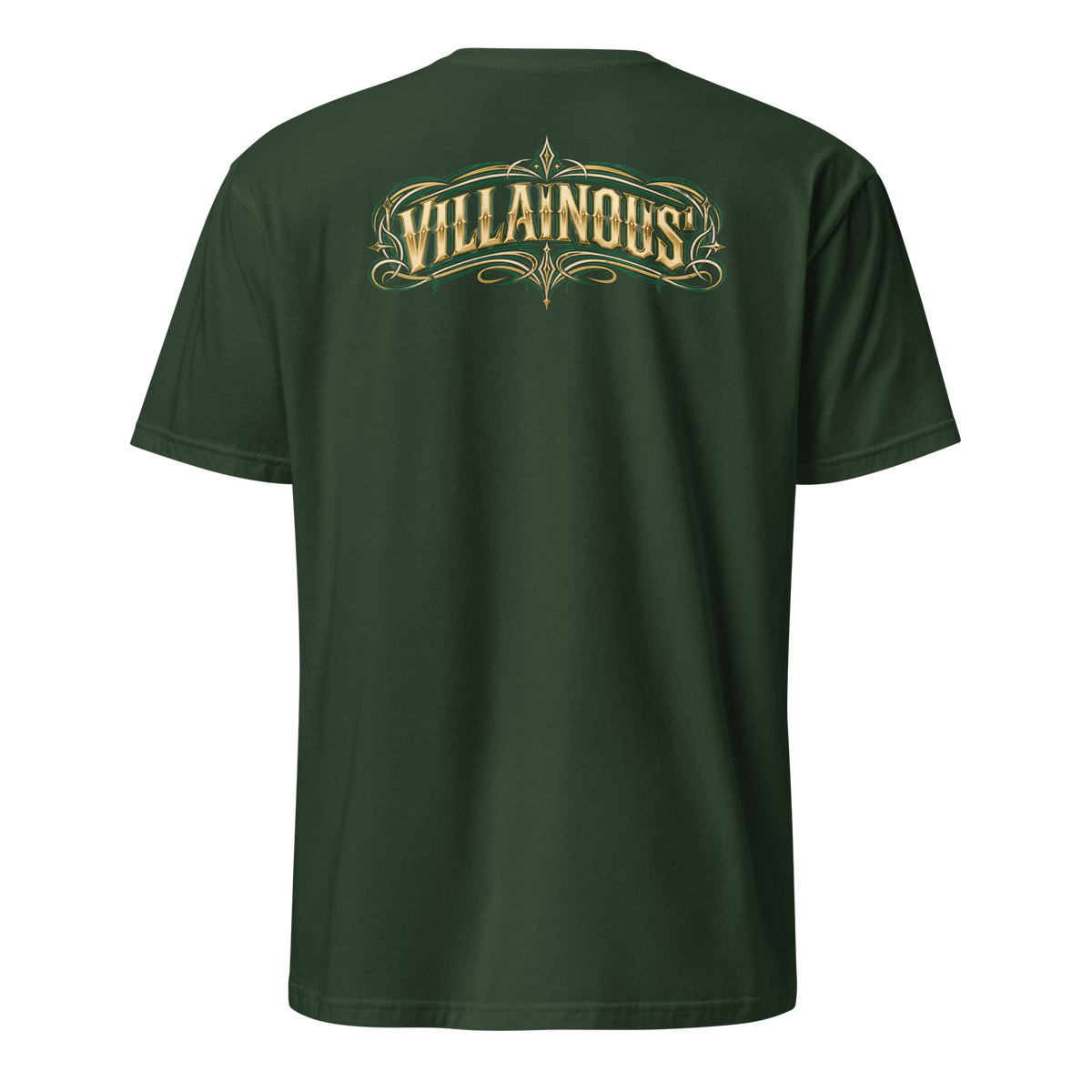 Villainous¹ Cruise Nights T-shirt back featuring bold gold Villainous¹ lettering surrounded by green, gold and cream custom pinstriping