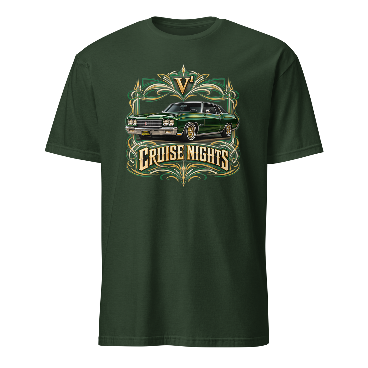 Villainous¹ Cruise Nights 1971 Chevy Monte Carlo T-shirt featuring a lowered green classic Chevy with gold wire wheels, whitewalls and green, gold and cream pinstriping