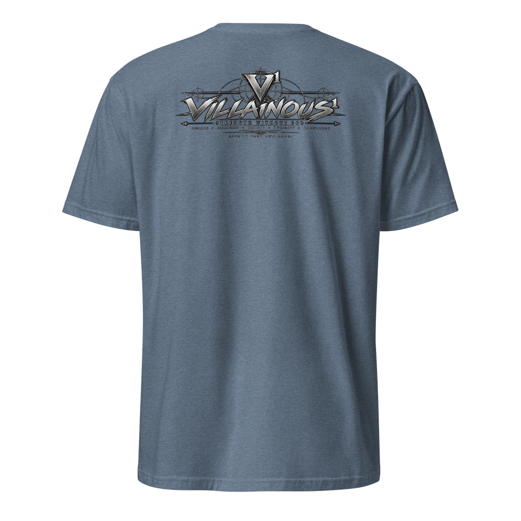 Villainous¹ Strength Without Ego T-shirt back featuring metallic V¹ branding, geometric details and martial arts principles