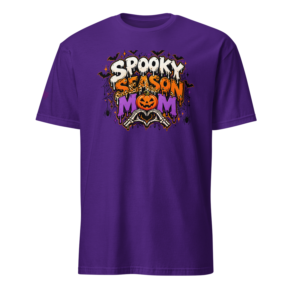 Villainous¹ Spooky Season Mom Halloween T-shirt featuring dripping orange and purple lettering, a jack-o’-lantern, skeletal heart hands, bats and leopard-print accents
