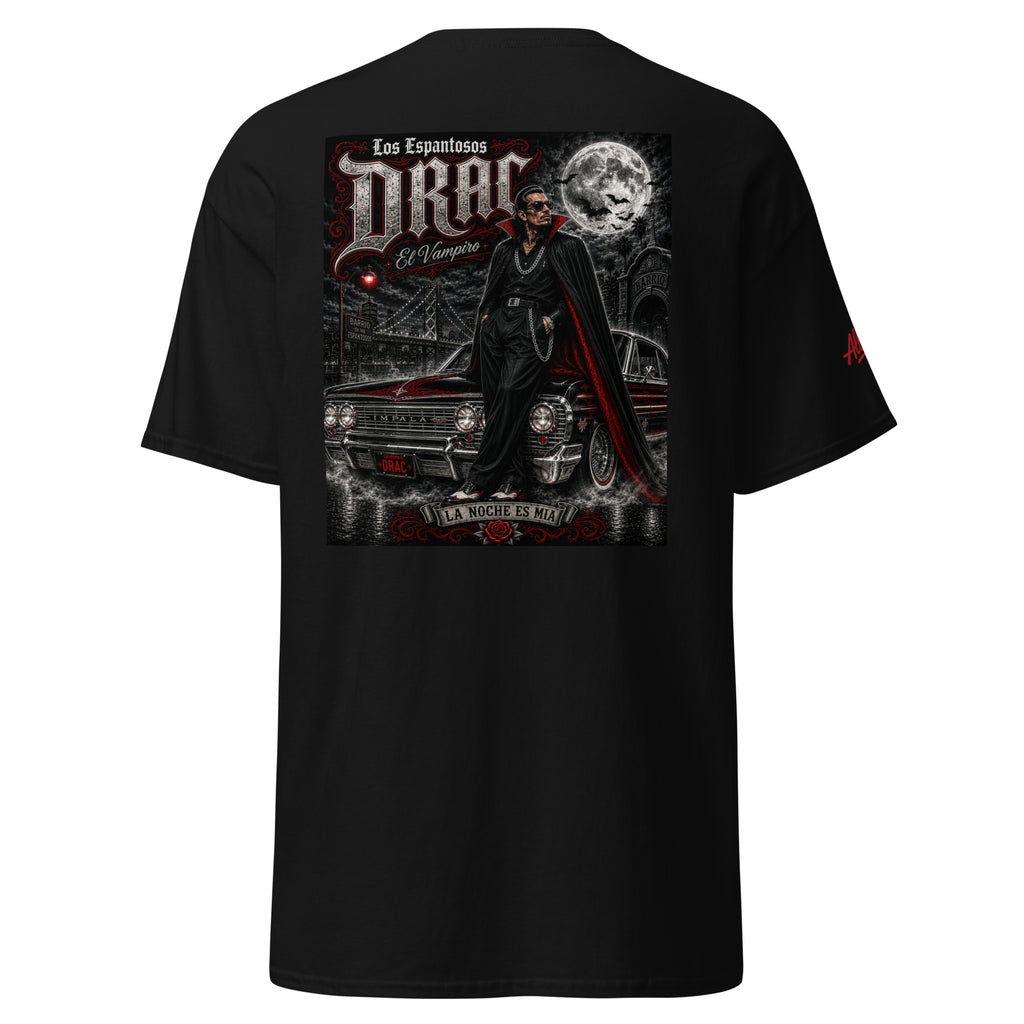 Black Drac El Vampiro T-shirt with large Chicano vampire, classic car and full moon back graphic