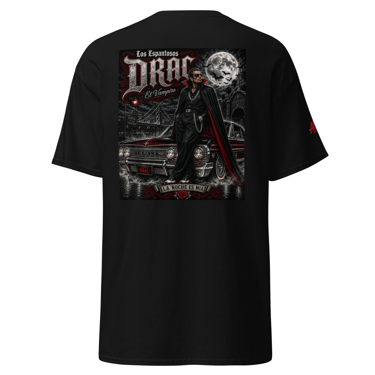 Black Drac El Vampiro T-shirt with large Chicano vampire, classic car and full moon back graphic
