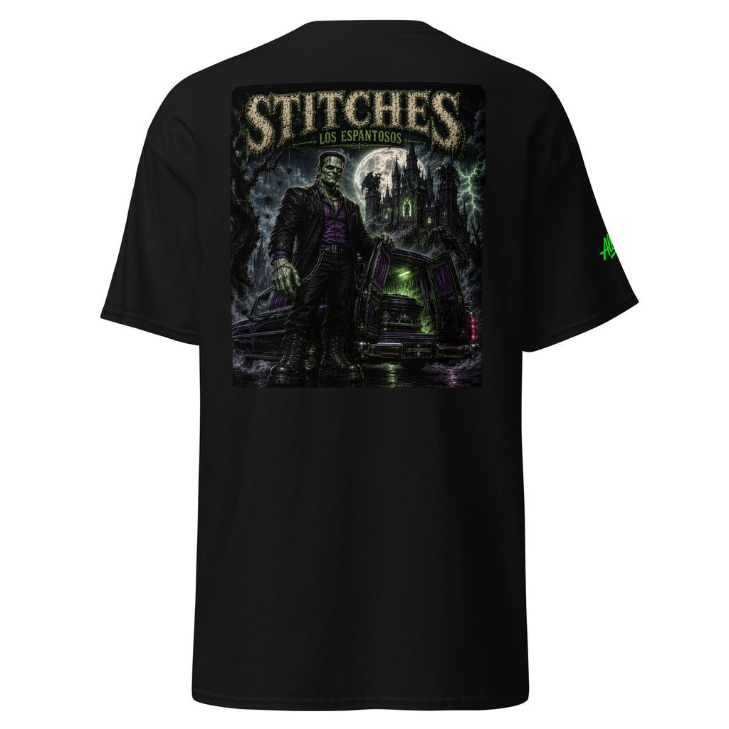 Black Stitches Los Espantosos T-shirt with large Chicano-inspired Frankenstein monster back graphic