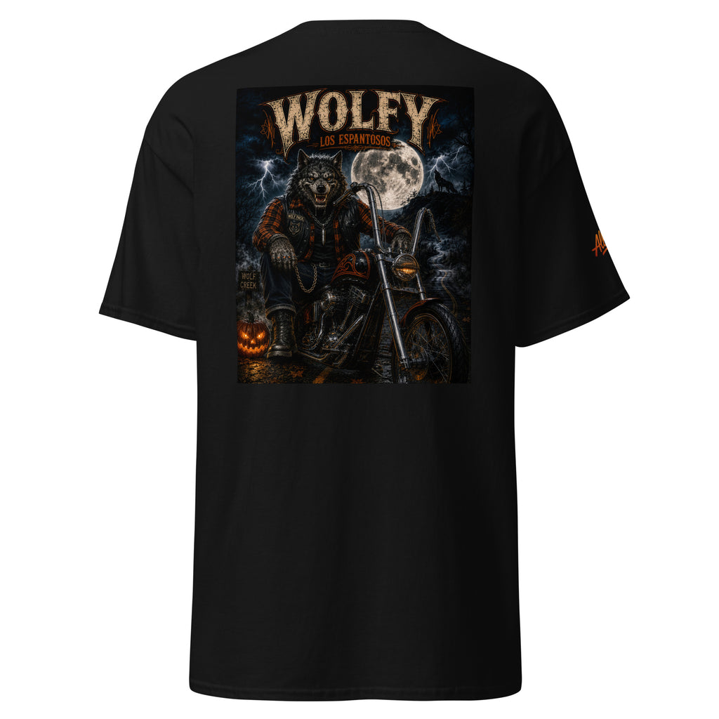 Black Wolfy Los Espantosos T-shirt with large Chicano-inspired werewolf back graphic