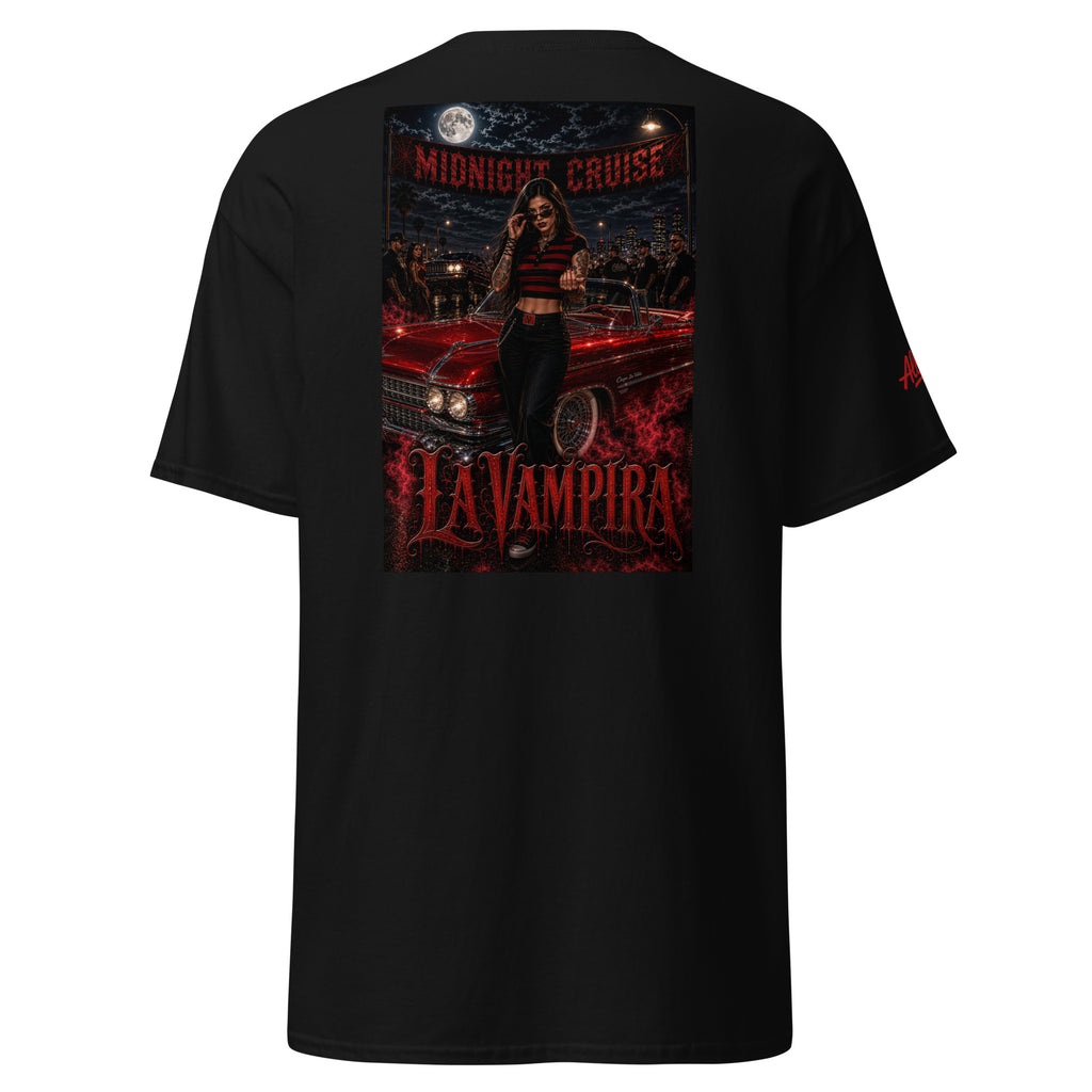 Black La Vampira Los Espantosos T-shirt with large Chicana-inspired vampire back graphic