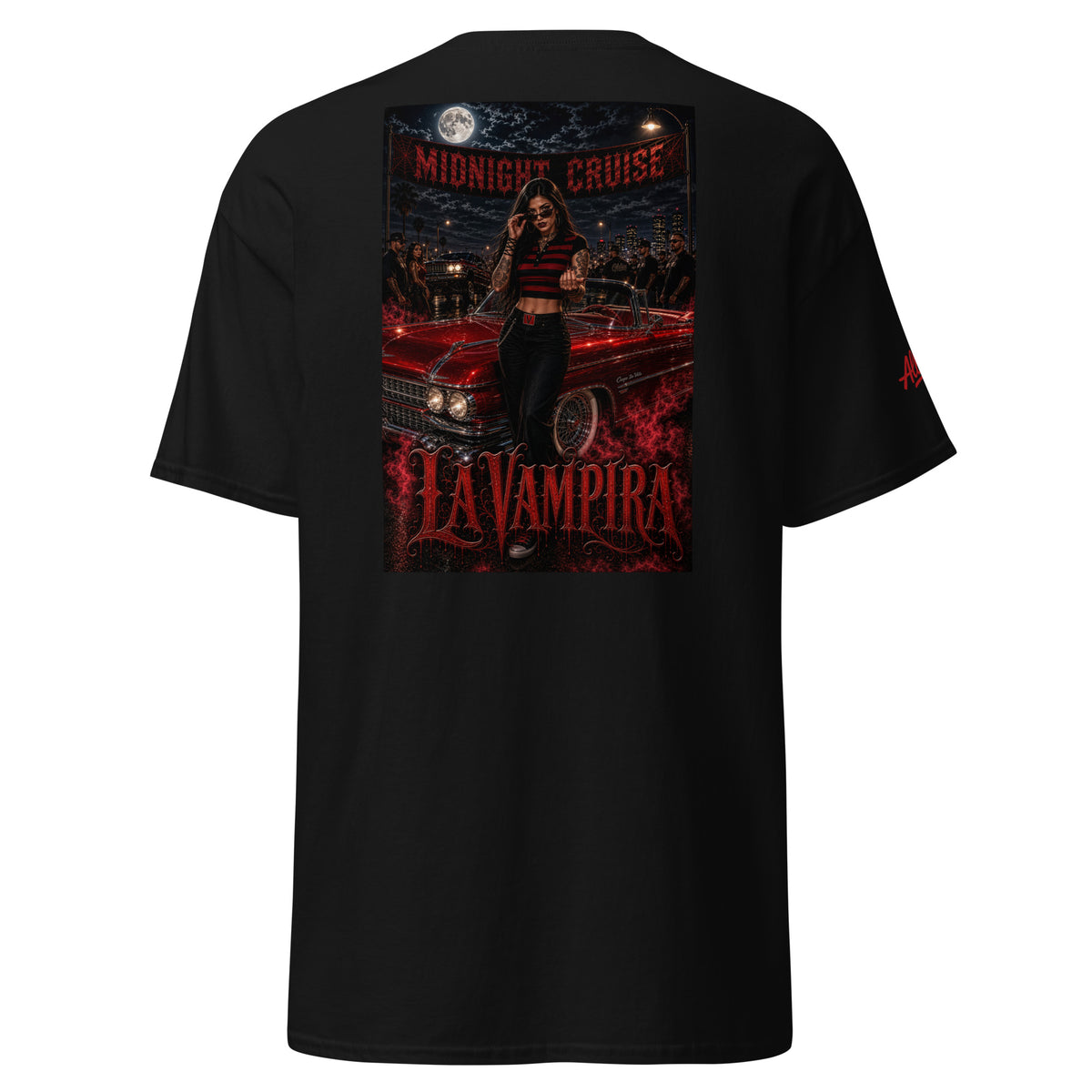 Black La Vampira Los Espantosos T-shirt with large Chicana-inspired vampire back graphic