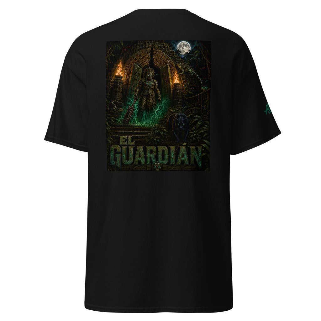 Black El Guardián Los Espantosos T-shirt with large Chicano-inspired supernatural guardian back graphic