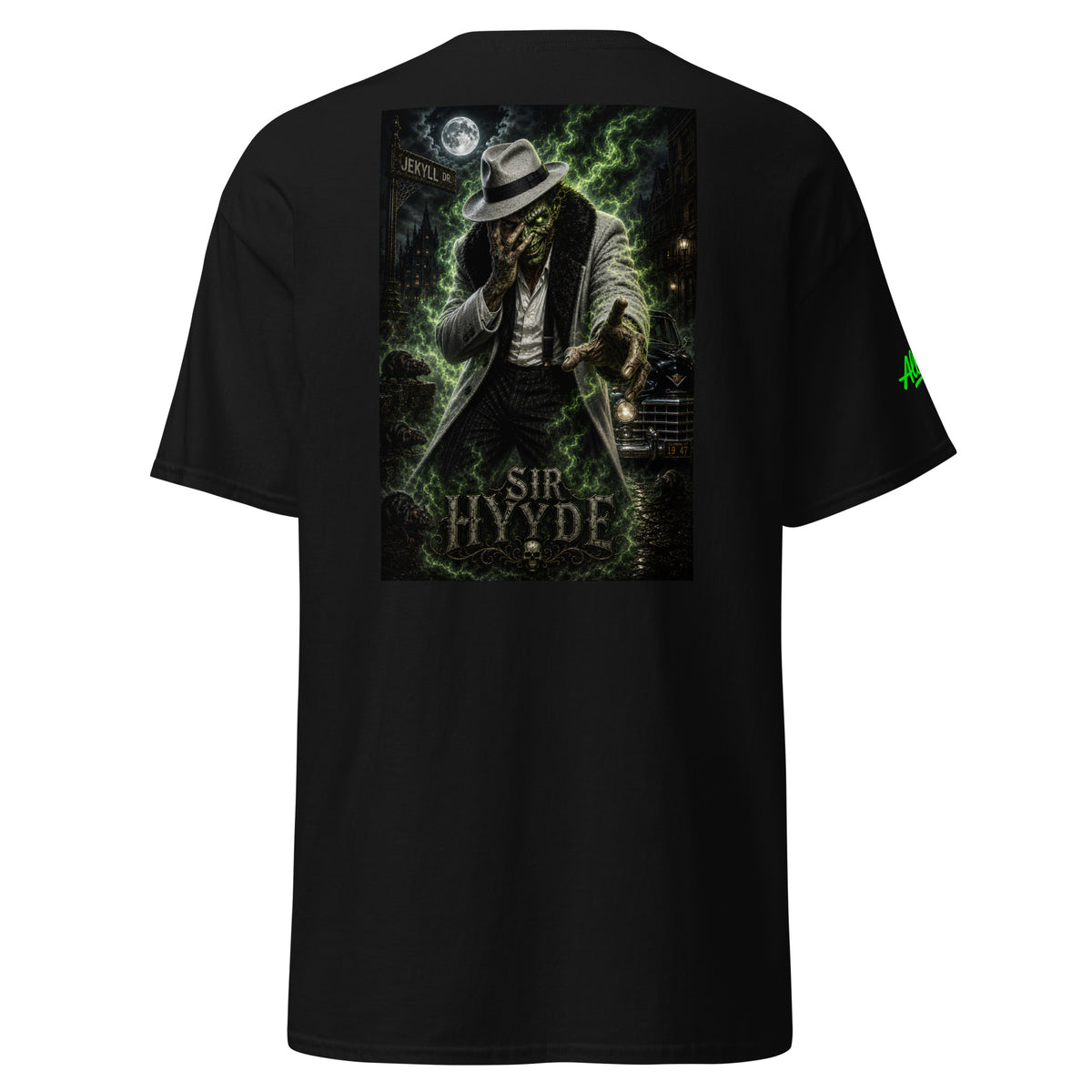 Black Sir Hyde Los Espantosos T-shirt with large Chicano-inspired transformation monster back graphic