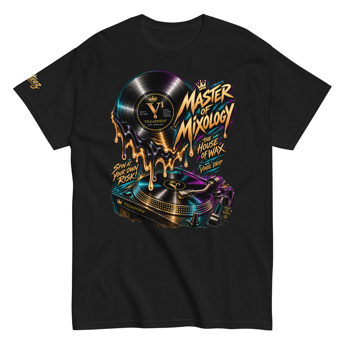 Master of Mixology Villainous¹ graphic T-shirt featuring colorful cocktail, bar and mixology-inspired artwork.
