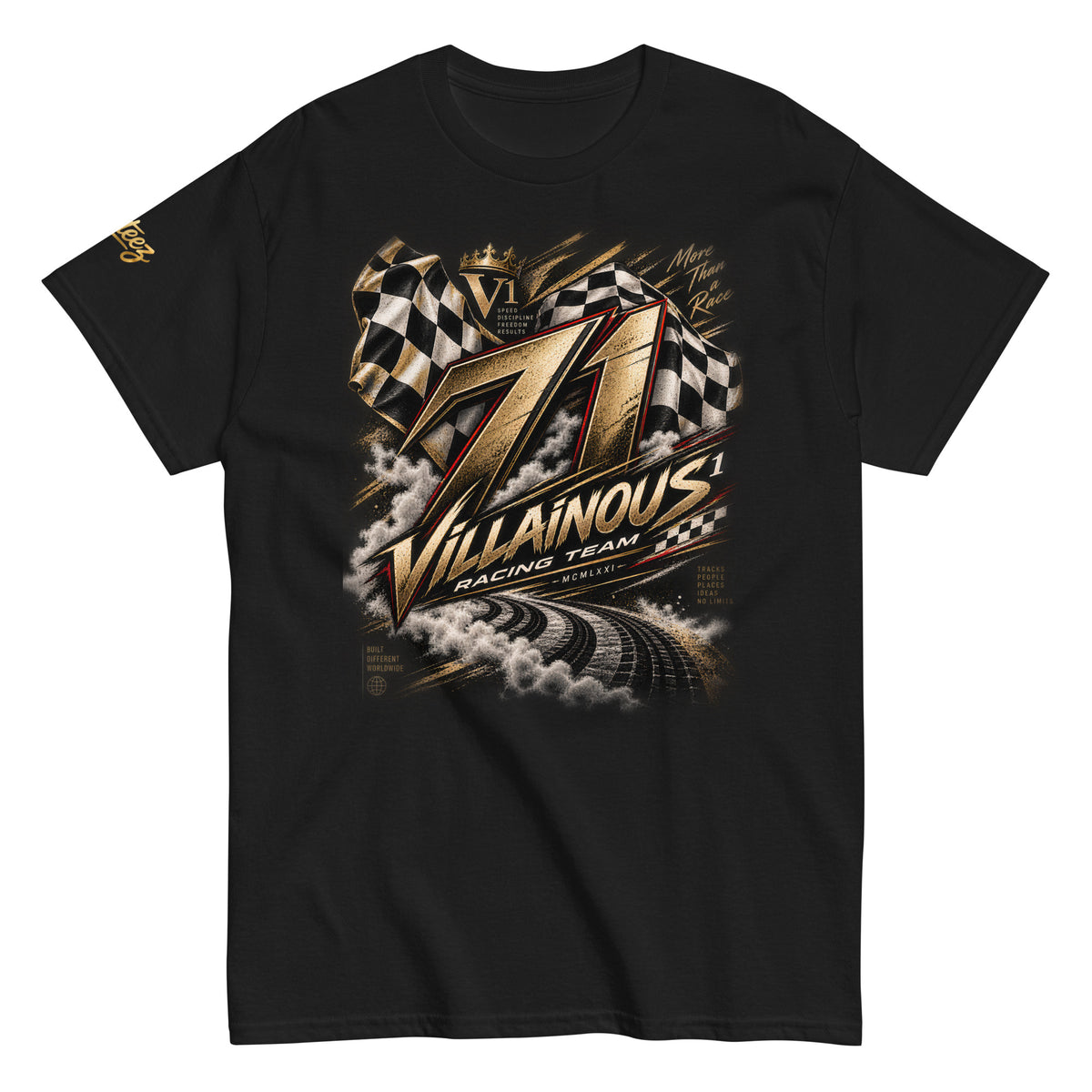 Black Villainous¹ Racing graphic T-shirt featuring bold motorsport-inspired Villainous Racing artwork.