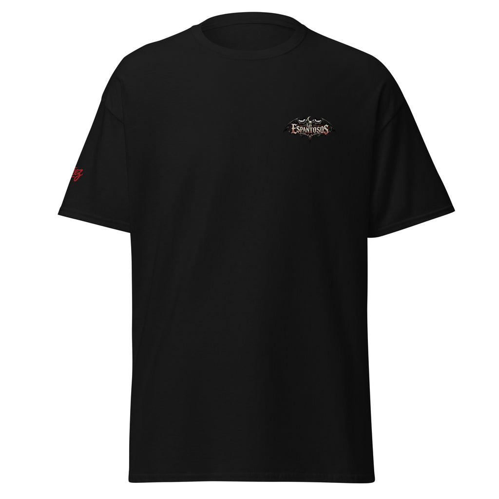 Black Drac El Vampiro T-shirt with small Los Espantosos chest logo and red AllTeez sleeve logo