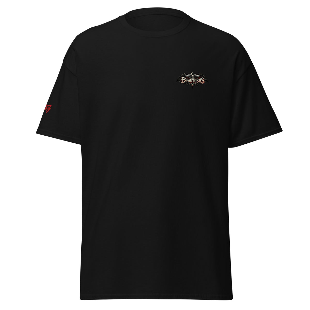 Black Drac El Vampiro T-shirt with small Los Espantosos chest logo and red AllTeez sleeve logo