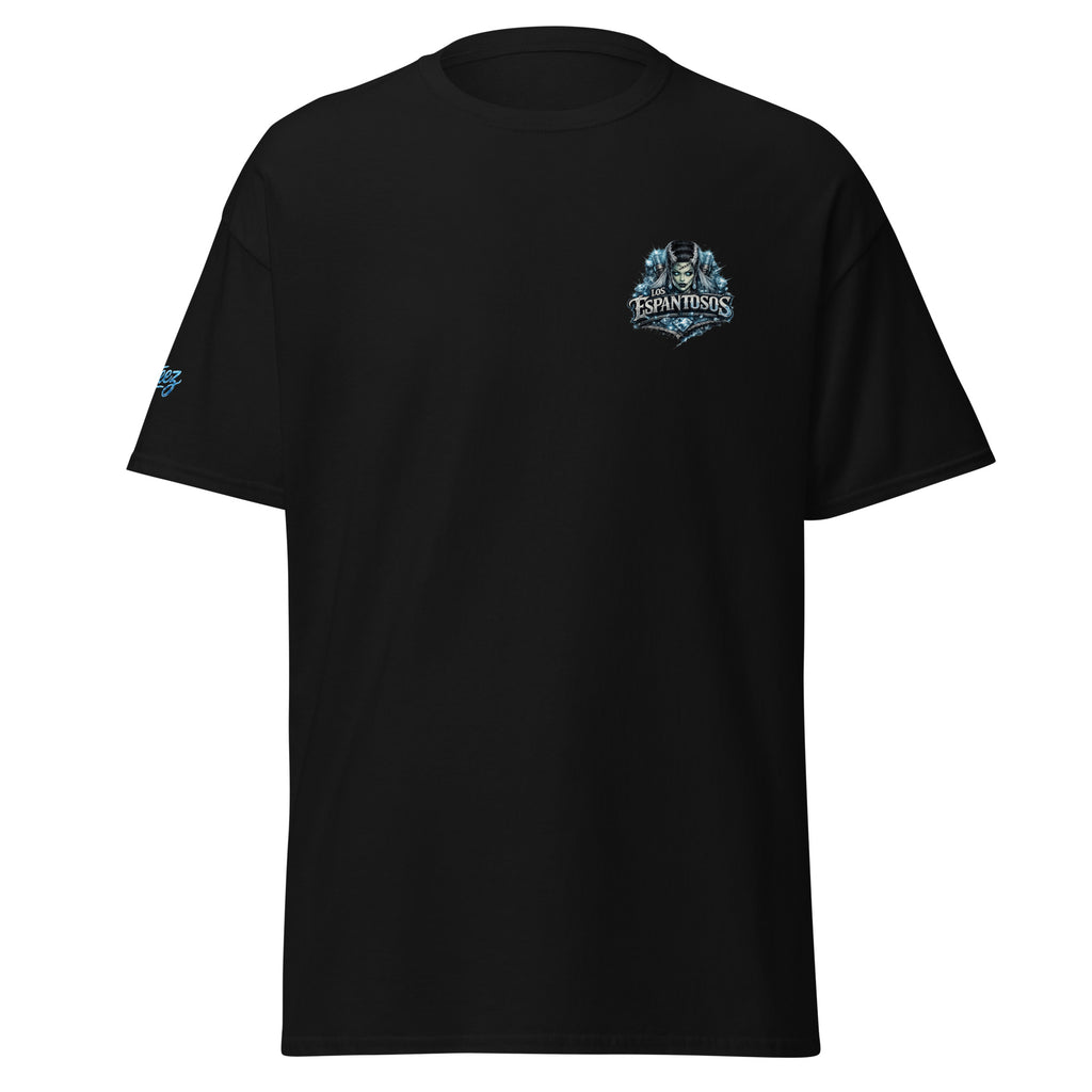 Black La Novia T-shirt with small Los Espantosos chest logo and red AllTeez sleeve logo