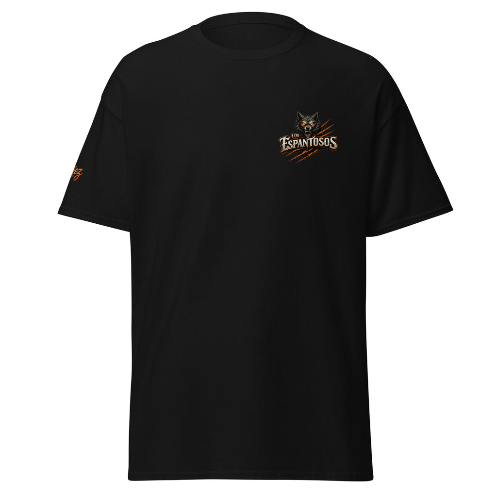 Black Wolfy T-shirt with small Los Espantosos chest logo and red AllTeez sleeve logo