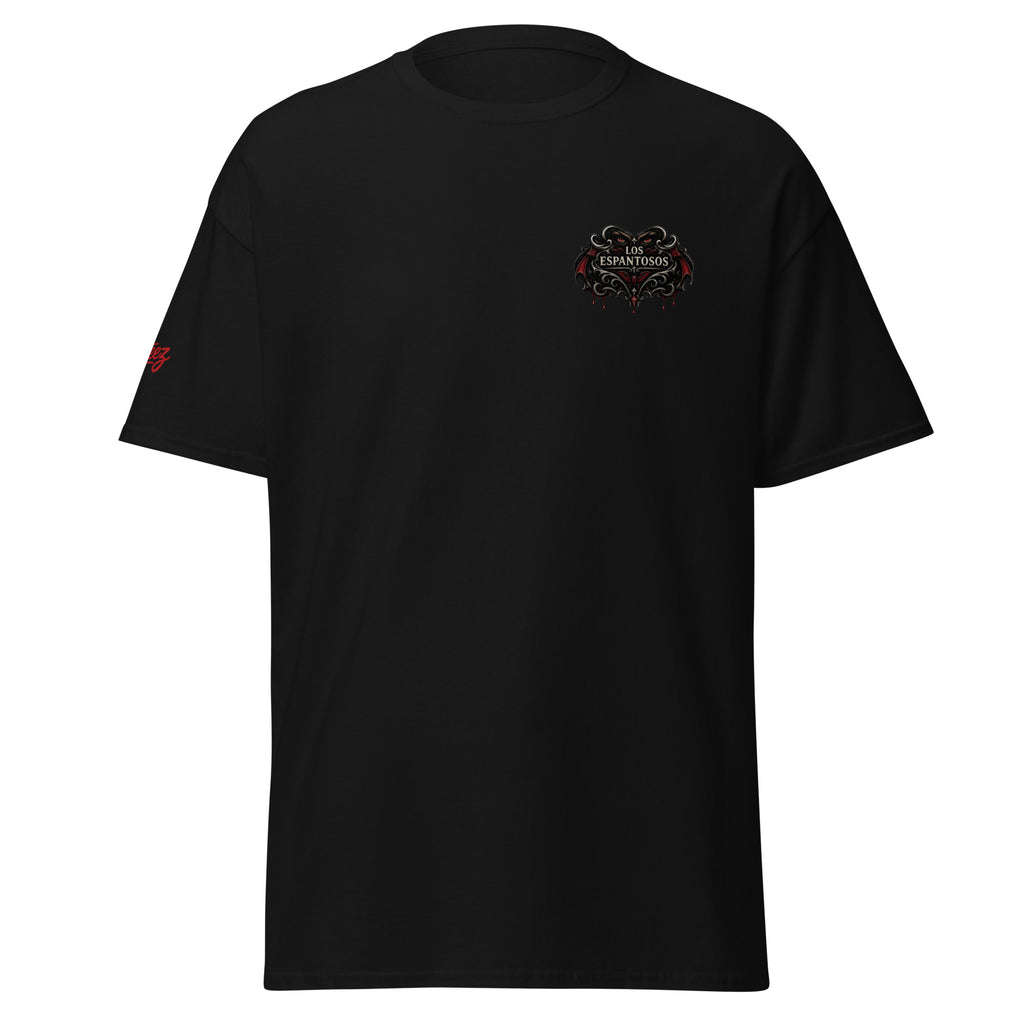 Black La Vampira T-shirt with small Los Espantosos chest logo and red AllTeez sleeve logo